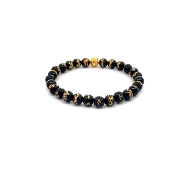 18K Gold Money Coin Ball Lucky Bracelet Gemstones Black Carved Onyx 6mm - Picture 4 of 5